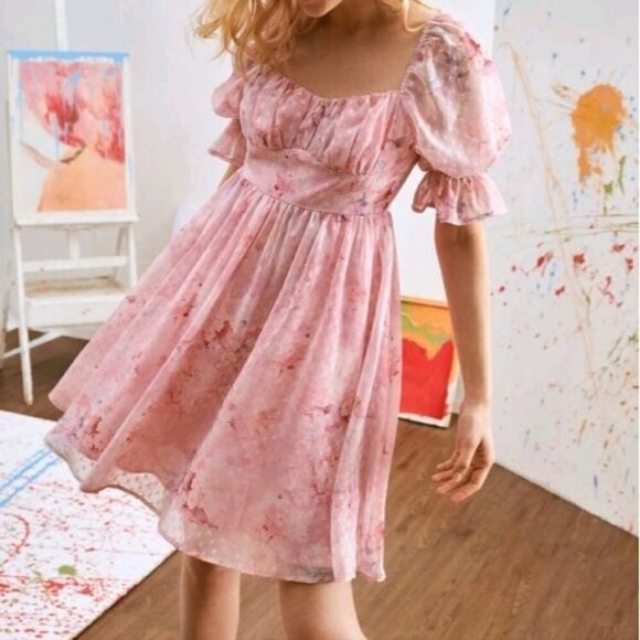 Dresses & Skirts - BABY PINK RUFFLED SLEEVE SWEETHEART NECK MINI DRESS
